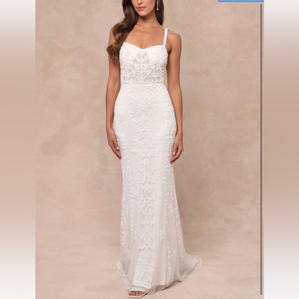 NWT Lulus Momentous Love White Beaded Bustier Mesh Mermaid Maxi Dress
